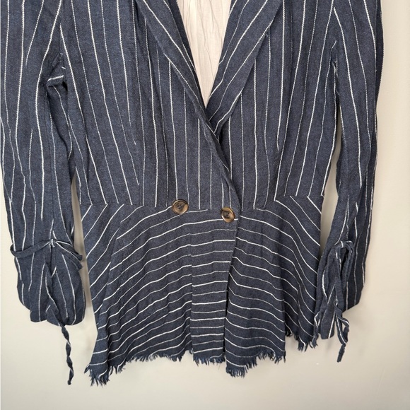 Free People Coat Jacket Stella Blazer Linen Fringed Hem - Navy Stripe - Picture 7 of 11